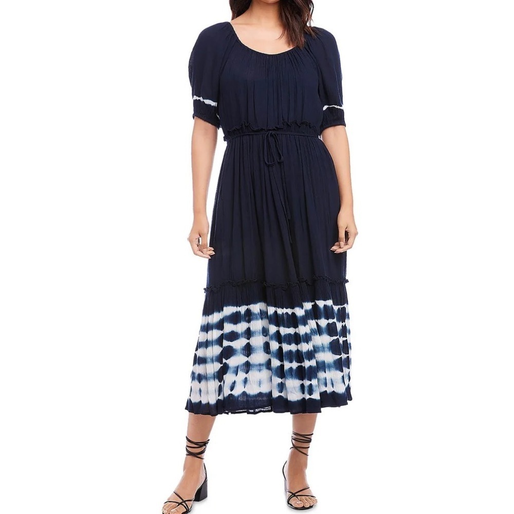 NWT KAREN KANE Short Sleeve Tie Dye  Tie Belt Ruffle Layered Dress Size Small
